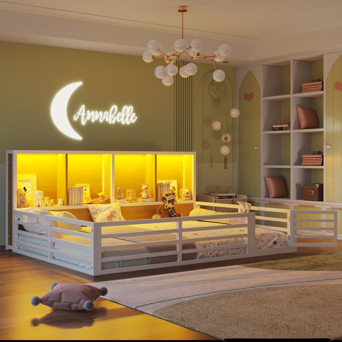 Lit plateforme 140x200cm tiroir de rangement sommier barrière métal blanc sans matelas