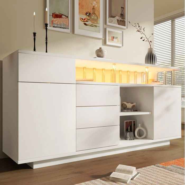 Buffet bas 160 x 40 x 75 cm blanc avec LED 4 tiroirs 2 portes étagères réglables et colonnes en acrylique - HAVRYA