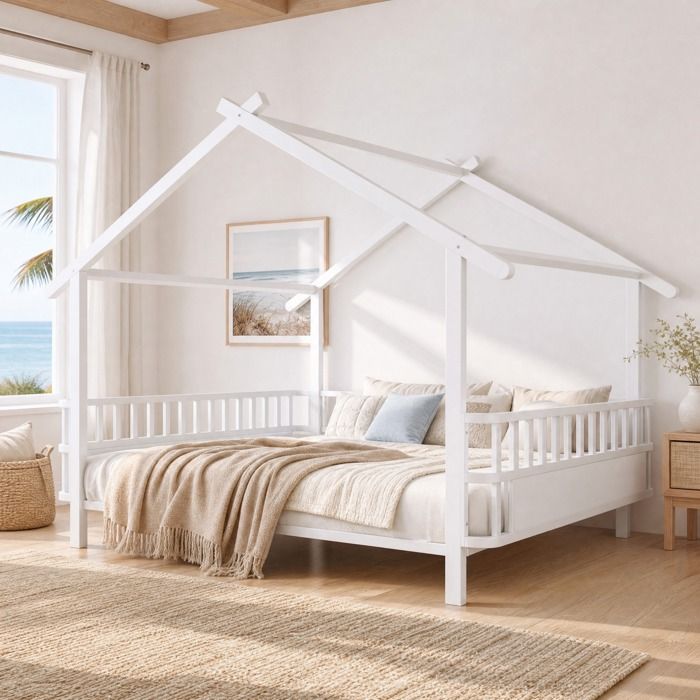 Lit cabane 2 places 140×200 cm avec barrière de sécurité et toit décoratif - BEAUNIV - sans matelas métal blanc