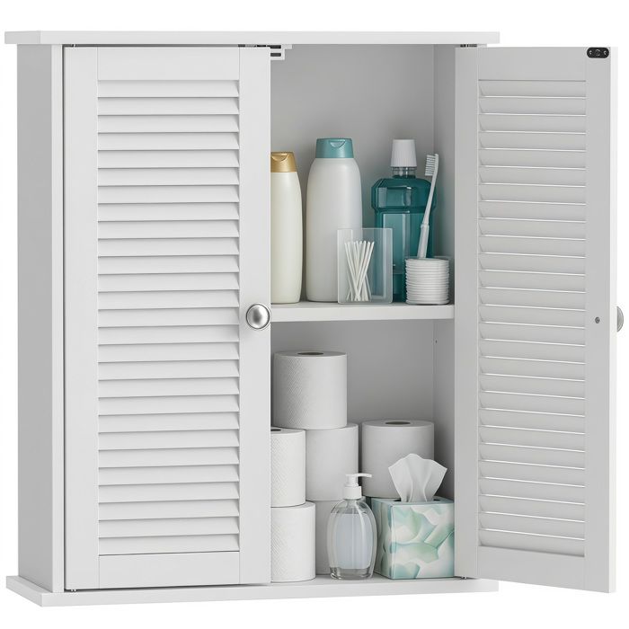 Armoire murale de salle de bain - HOMCOM - 2 portes persiennes et étagère réglable - bois - 60x20x70cm - blanc Armoire murale de salle de bain - HOMCOM - 2 portes persiennes et étagère réglable - bois - 60x20x70cm - blanc