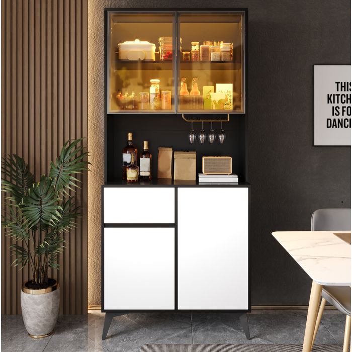 Buffet Haut Vitrine avec 4 Portes 1 Tiroir LED et Porte-Verres - BEAUNIV - Salon Cuisine 80×40×180 cm