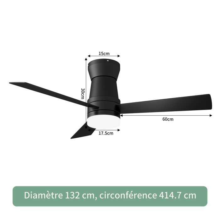 Ventilateur de Plafond avec Lumières Silencieux Ø132 cm - 3 Pales en Bois - 6 Vitesses - Télécommande - LED Réglable - Noir