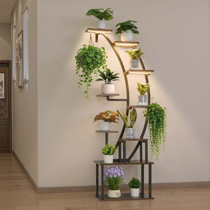 Support Plantes Intérieur avec Lampe Croissance-Étagère 9 Niveaux Métal Minuterie et Luminosité Réglables Design Incurvé pour Salon