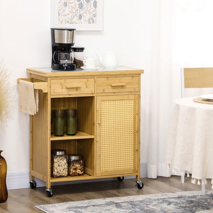 Desserte de cuisine - WESTYLE - Küchenwagen - Bambou naturel - 2 tiroirs + 1 porte - Plateau verre roulettes frein