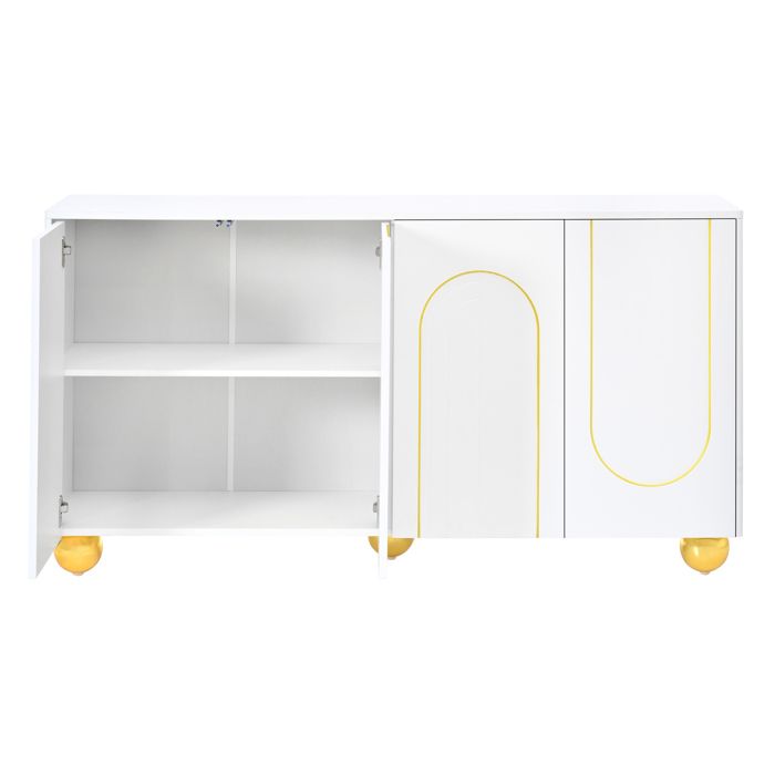 Armoire de rangement 4 portes pour salle à manger et entrée décor doré arqué pieds en métal sphériques