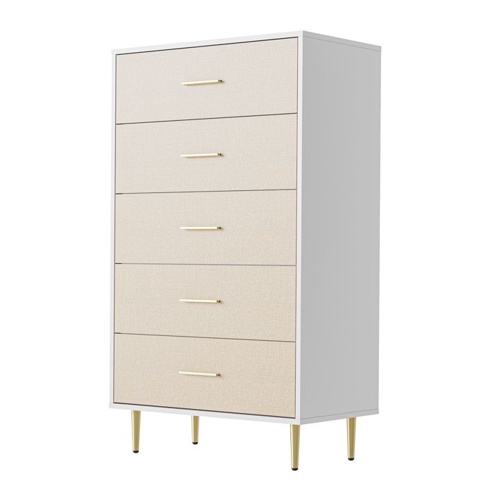 Commode 5 tiroirs - Rangement vertical poignées métal doré - Grand capacité - Blanc textile lin MDF - Chambre entrée
