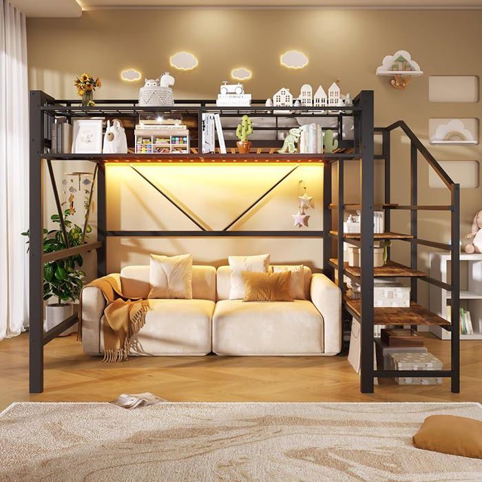 Eurpand Lit Mezzanine Métal 140x200 cm Noir Bureau Sous Lit LED Escalier Rangement Étagères Grillagées 150kg LITS SUPERPOSES