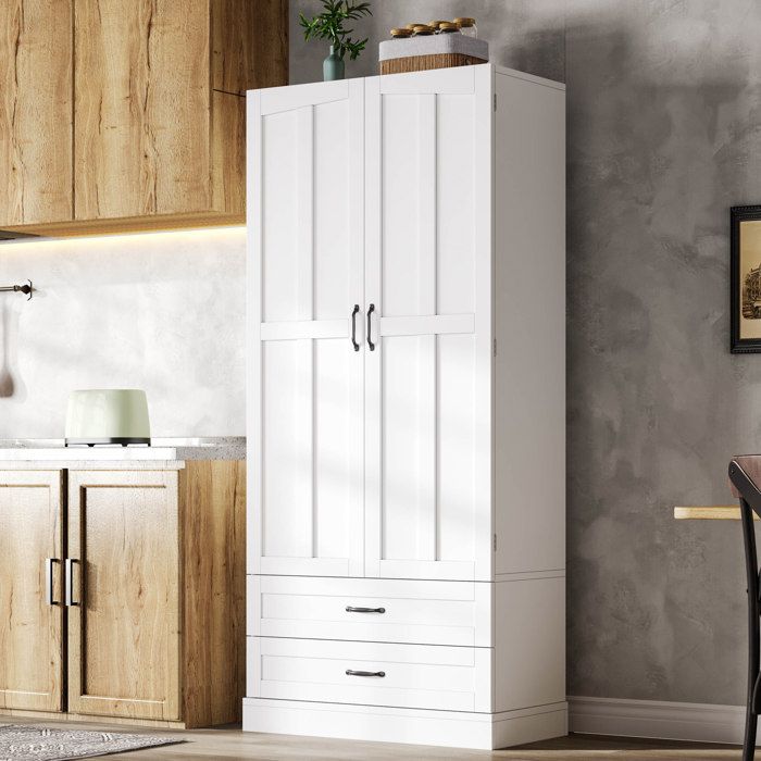 Meuble colonne de cuisine blanc MDF 180 cm 2 portes 2 tiroirs 3 étagères coulissantes rangement 50 kg FOLYNA
