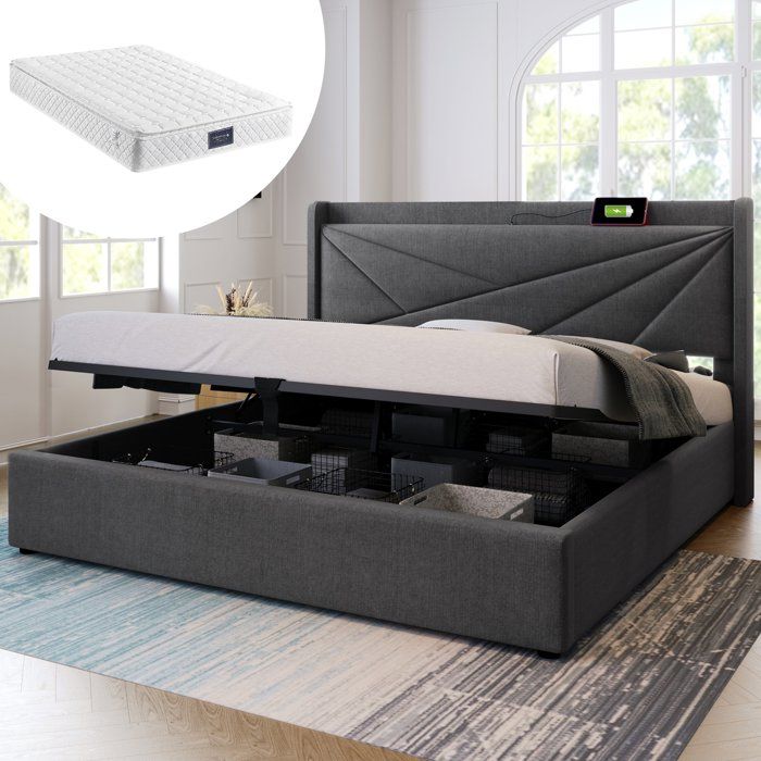 Lit coffre 160x200 en lin et métal structure robuste sommier à lattes avec matelas et rangement