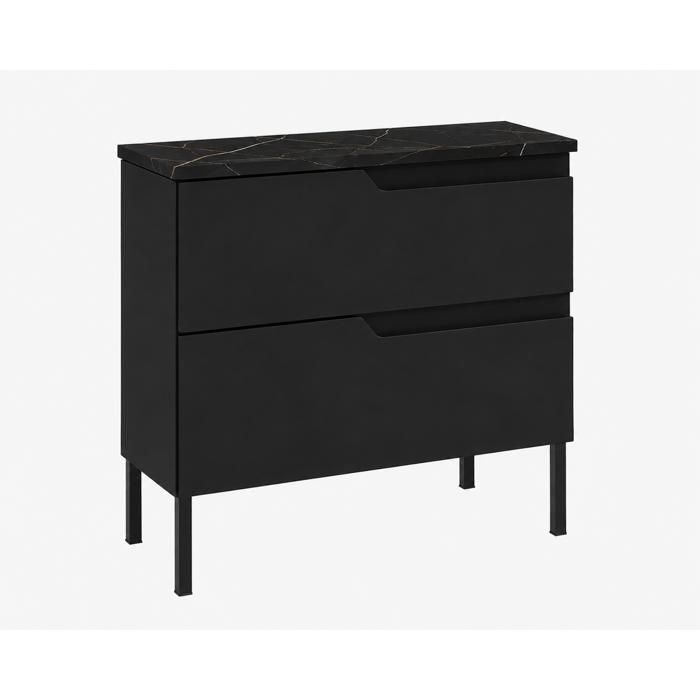 Meuble sous vasque - 3XE LIVING - 2 Tiroirs - Noir - Plan Marbre Black Royal - Pieds métal 20 cm