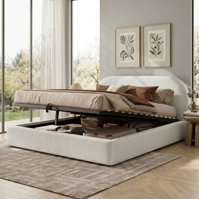 Bladez - Lit coffre 160 x 200 cm avec rangement hydraulique lit capitonné 2 places en tissu bouclette - Beige