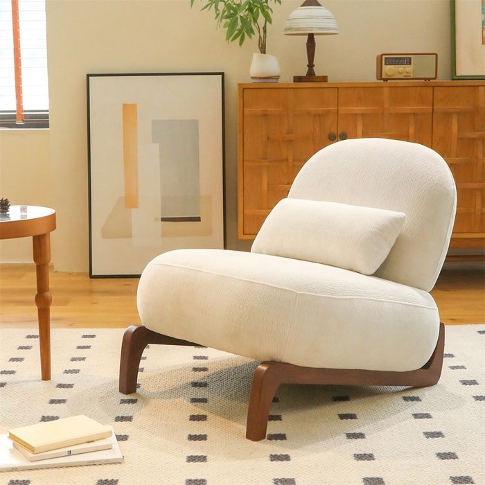 Fauteuil Crapaud avec Pieds en Bois Massif - 86.90x72.10x69.90cm - Fauteuil dAppoint Rembourré sans Accoudoirs - Blanc