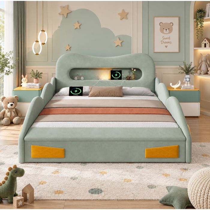 Lit voiture enfant 140 × 200 cm en velours vert liseuse port de charge et coffre au pied du lit