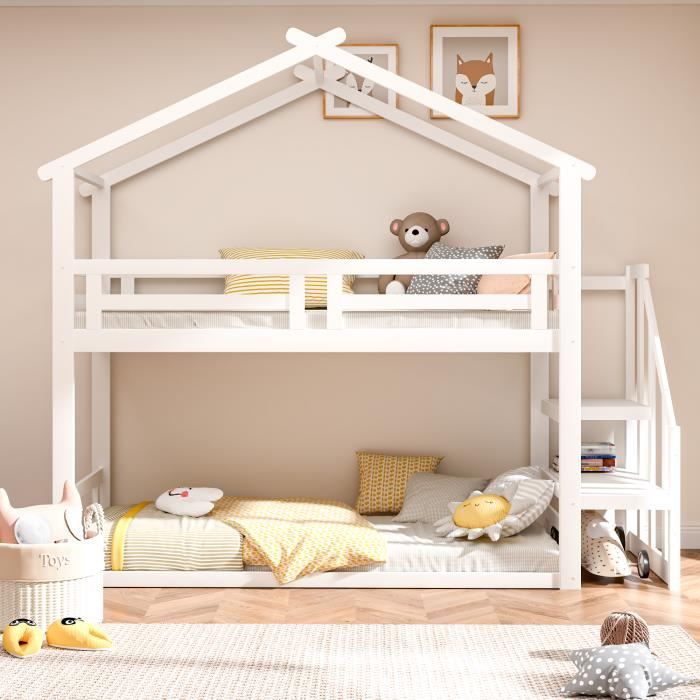lit enfant 90*200cm, lit superposé, avec escalier de sécurité, bois massif, blanc, sans matelas, lit cabane