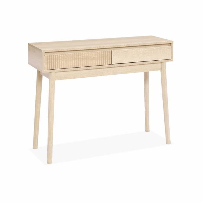 Console En Cannage 100x29x81cm - Bohème - Blanc. 1 Tiroir.1 Espace De Rangement. Pieds Scandinaves Décor Bois. 1 Poignée