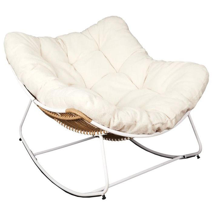 MERIDA - Fauteuil à Bascule Blanc avec Assise Capitonnée et Bouclettes MERIDA - Fauteuil à Bascule Blanc avec Assise Capitonnée et Bouclettes