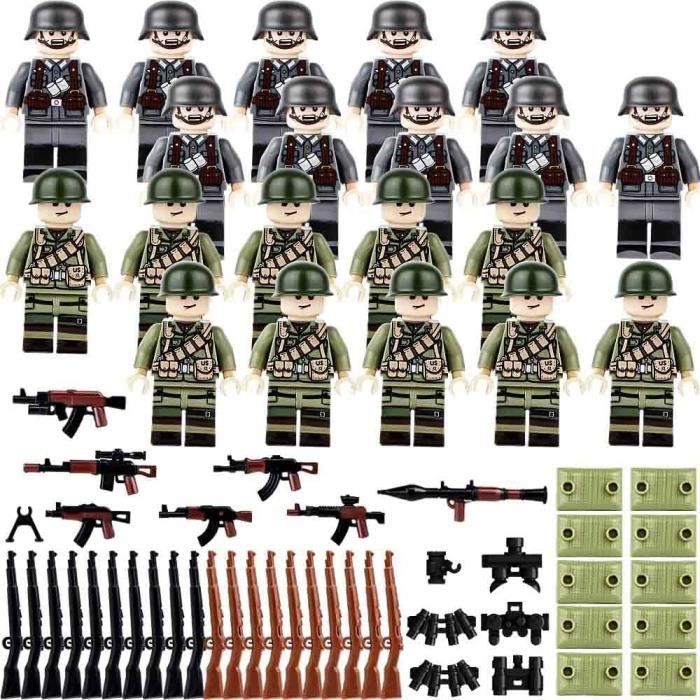 Lot de 20 figurines militaires - Soldat allemand américain de la Seconde Guerre mondiale - Blocs de construction - Armes - Cadeau d'