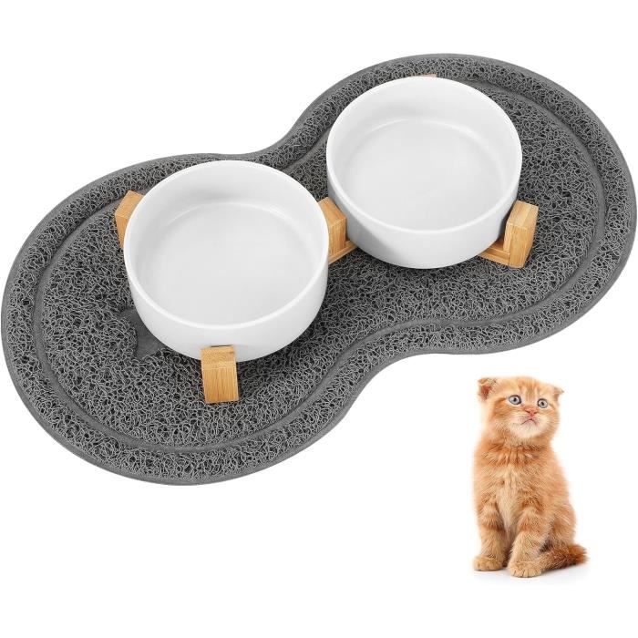 Gamelle Chat Surélevée, 2x400ML Gamelles pour Chat Double en Ceramique avec Support et Tapis Antidérapant