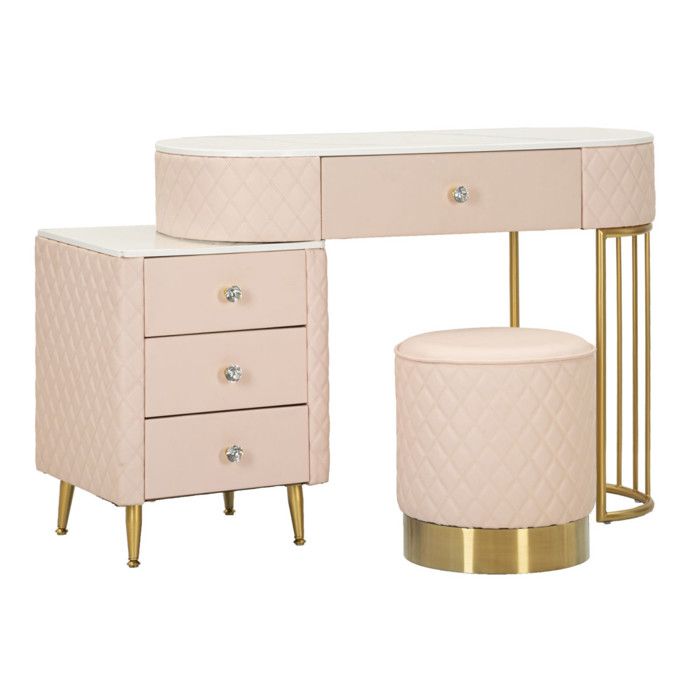 Coiffeuse effet matelassé avec tabouret Sharon rose et doré