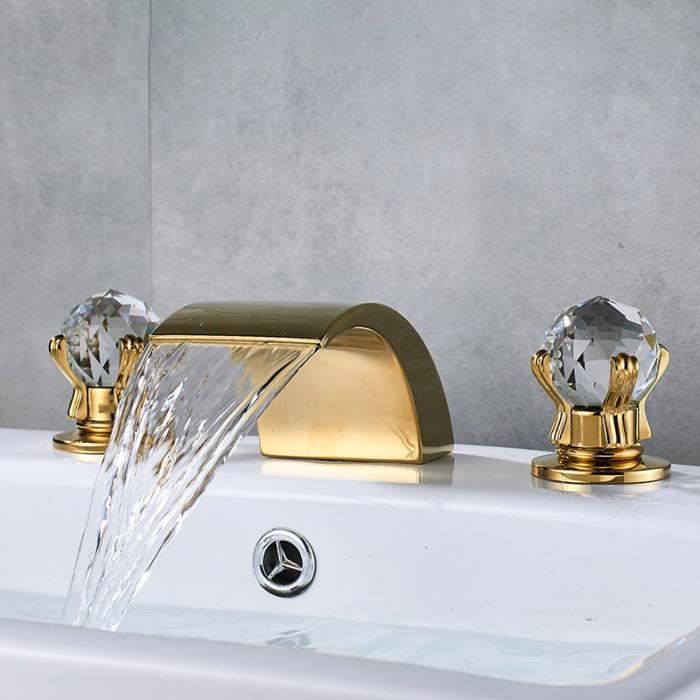 Robinet de salle de bain cascade doré Pont monté sur poignées en