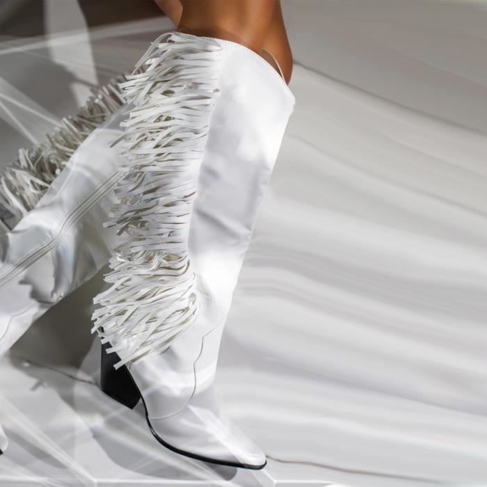 Bottes Hautes Franges Pompons Richealnini - Mollet Large, Talon, Style Cowboy, Au-dessus Du Genou