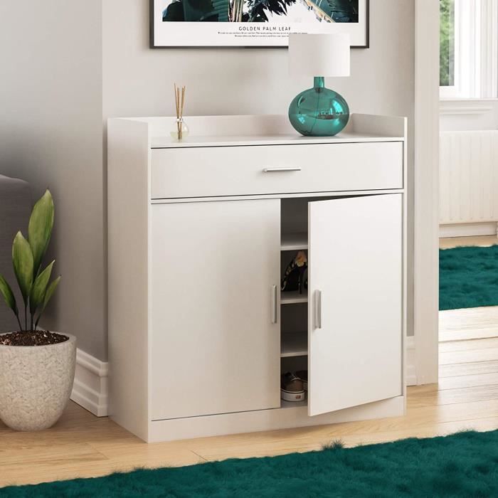 Armoire à Chaussures Dalby Vida Designs – 2 Portes + 1 Tiroir, Blanc Moderne, Rangement Couloir