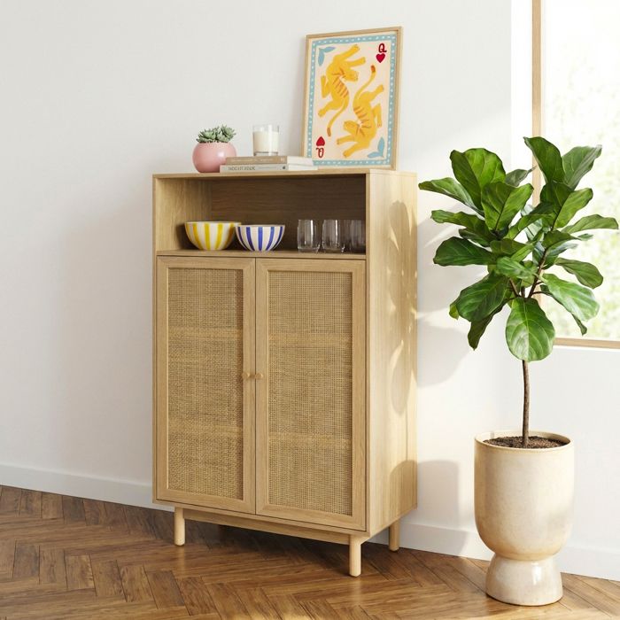 Buffet HELENA effet chêne et cannage rotin 2 portes 80 cm - Bois