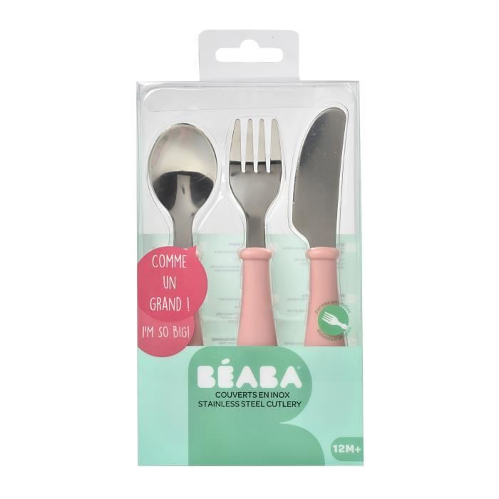 BEABA, Set de 3 couverts inox old pink