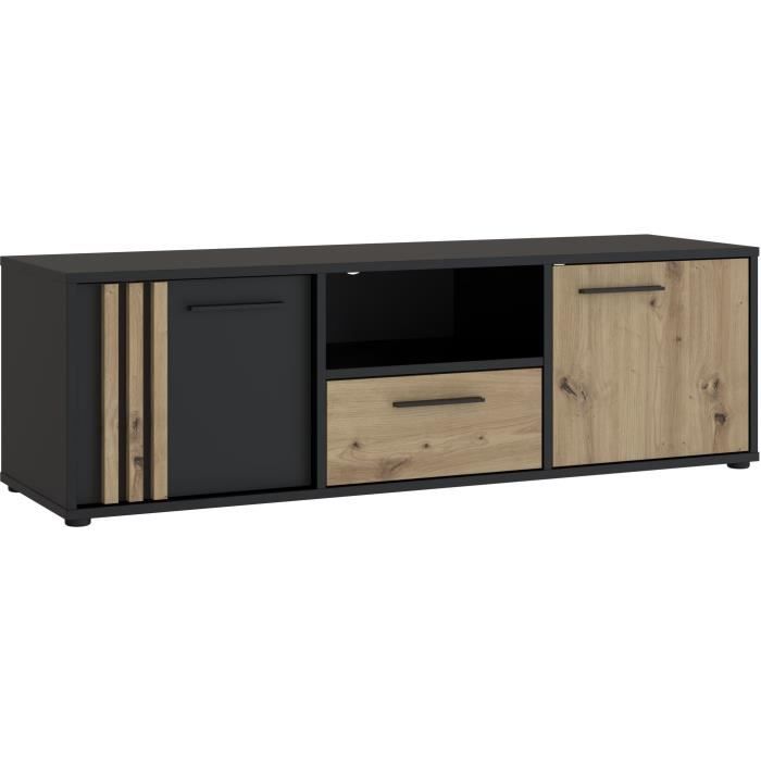 Meuble TV CARDIGAN 2 portes, 1 tiroir, 1 niche - Décor chêne artisan et noir - L142,6 x P41,5 x H43,