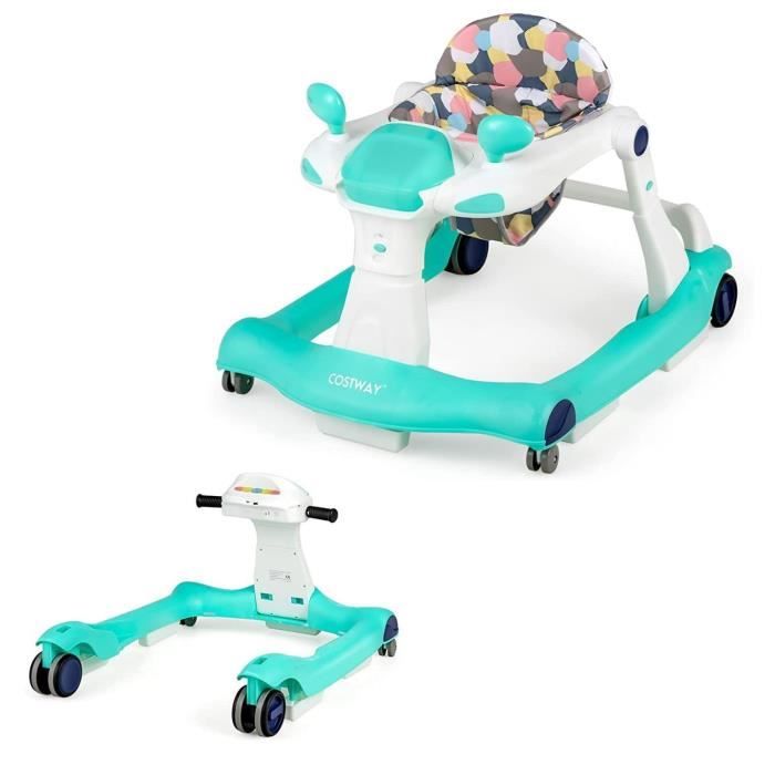 Trotteur Bébé Evolutif 2 en 1 - DREAMADE - Hauteur Réglable - Vitesse Réglable - Dossier Amovible - Charge 15KG - 6-18 Mois - Vert