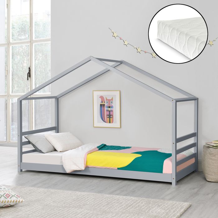 Lit Cabane Vardø avec Grille et Matelas à Mousse à Froid 90 x 200 cm Gris [en.casa]