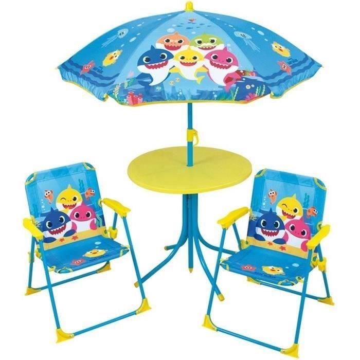 FUN HOUSE Baby Shark Salon de jardin - 1 table H.46xø46 cm, 2 chaises H.53xl.38,5xP.37,5 cm et 1 par