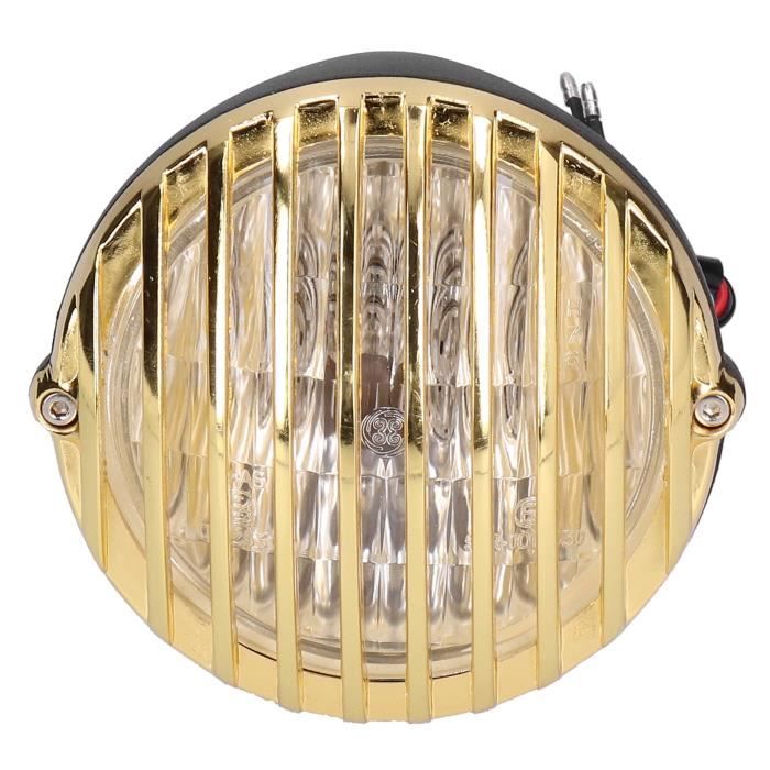 Phare Moto Vintage Rond Jaune 12V 55W - Acier Inoxydable, Verre Jaune, Ampoule H4, 3 Fils, Universel