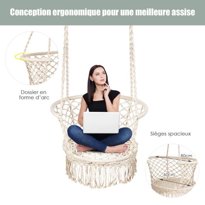 GIANTEX Hamac Chaise Balançoire Macramé avec Capacité de Charge 160 KG en Corde de Coton avec Glands (Coussins Non Inclus)