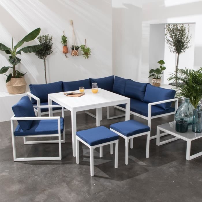 Salon de jardin modulable IBIZA en tissu bleu 7 places - aluminium blanc - HAPPY GARDEN - Métal - Salon bas