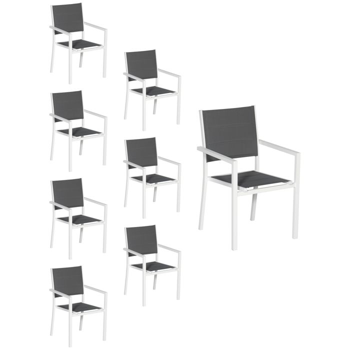 Lot de 8 chaises rembourrées en aluminium blanc - textilène gris Lot de 8 chaises rembourrées en aluminium blanc - textilène gris