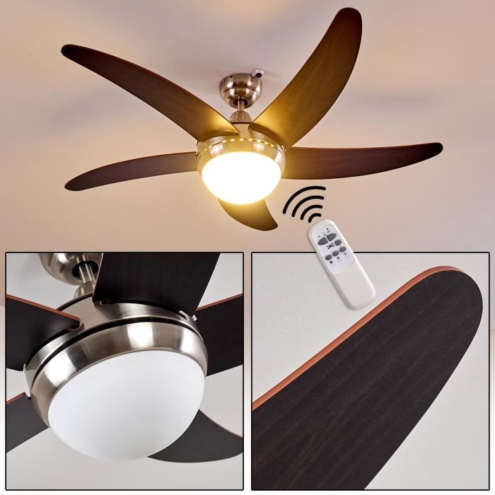 »Quarto« Ventilateur de plafond en métal / bois / verre en nickel mat/marron ampoule(s) non incluse(s) - Hofstein