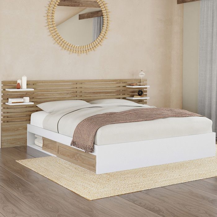 IDMARKET Lit double SAVANA avec tête de lit chevets rangements et sommier 160 x 200 cm façon hêtre et blanc