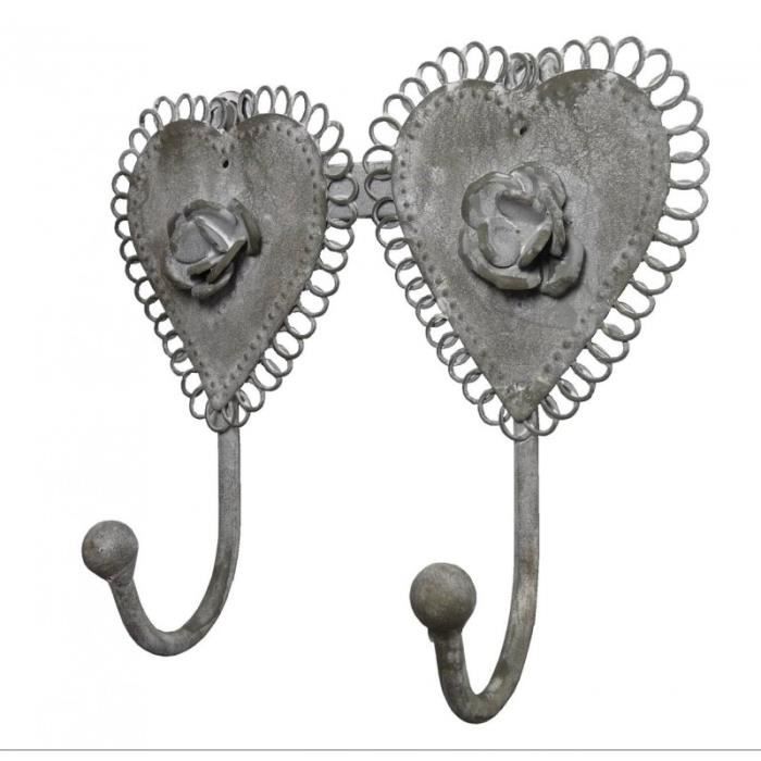 Porte Serviette Mural ou Porte Torchons 2 Accroches Motif Coeur en Fer Patiné Gris 7x17x20cm