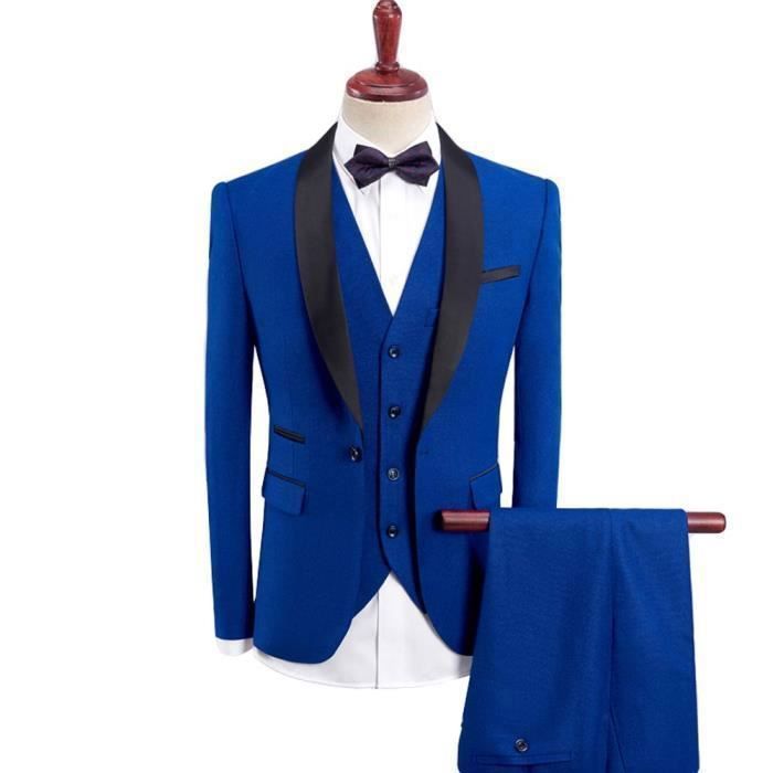KUDMOL Costume Homme 3 Pièces Slim Fit Mariage D'affaires Smoking Homme à Un Bouton Pour Bal Blazer Veste Et Pantalon Gilet(Bleu Marin,XS