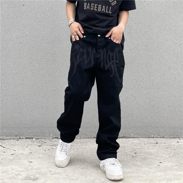 Jeans Baggy Homme Jean Hip Hop Droit Y2K Pantalon en Denim Délavé Pantalons  en Jean Vintage Streetwear Jean De Travail Broderie Noir Noir - Cdiscount  Prêt-à-Porter