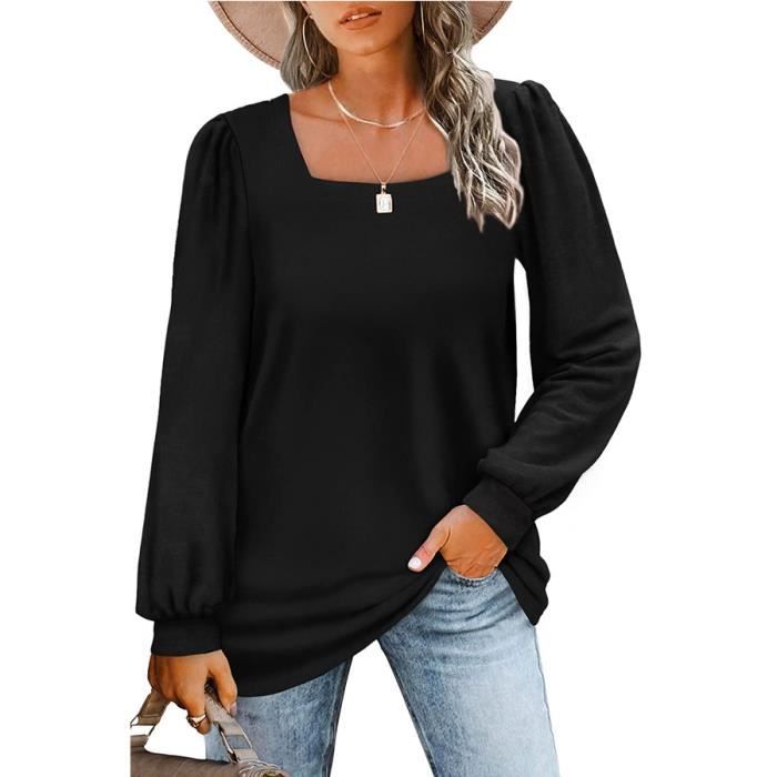 T-shirt à Manches Longues Plissées pour Femme Col Carré Haut Slim Ample  Automne Hiver Noir Noir - Cdiscount Prêt-à-Porter