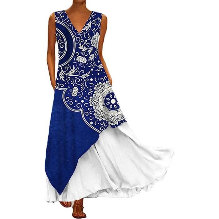 Robe Longue Femme ??t?� Maxi Robe ??l?�gant Vintage Imprim?� Floral - Bleu Bleu - Cdiscount Pr??t-?�-Porter
