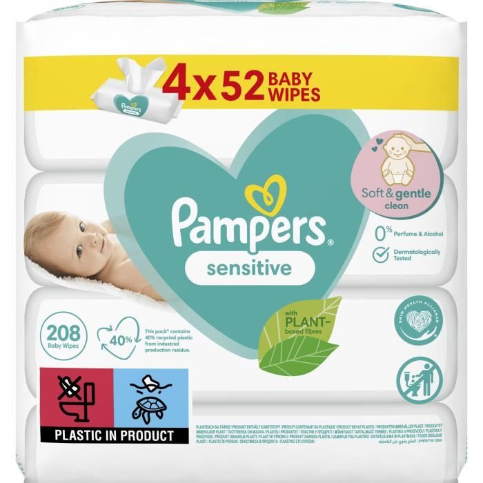 PAMPERS Lingettes bébé SENSITIVE - Lot de 4 x 52 lingettes - 208 lingettes  - Cdiscount Puériculture & Eveil bébé