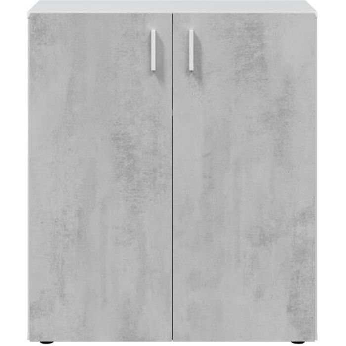 Armoire basse à 2 portes meuble de rangement blanc mat et gris ciment - Hauteur 92 x Longueur 80 cm x Profondeur 37 cm
