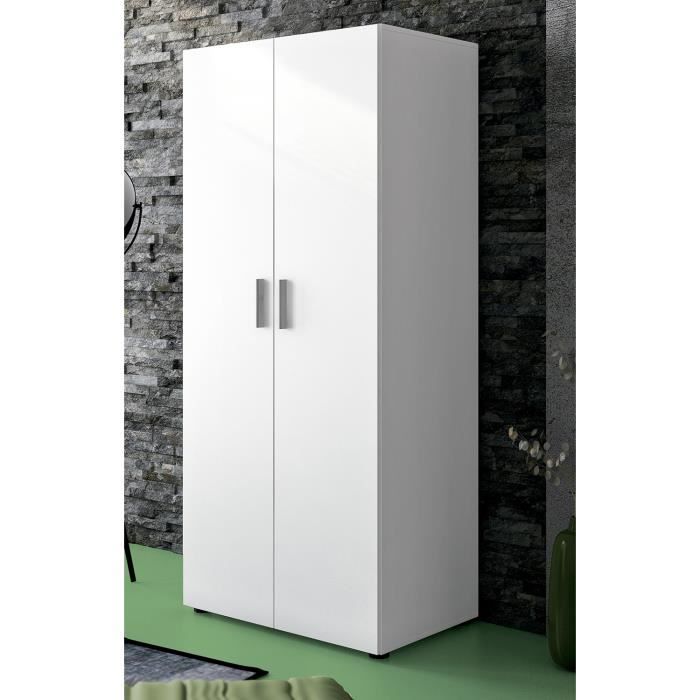Armoire, meuble de rangement 2 portes coloris blanc - Longueur 80 x profondeur 51,4 x hauteur 180 cm