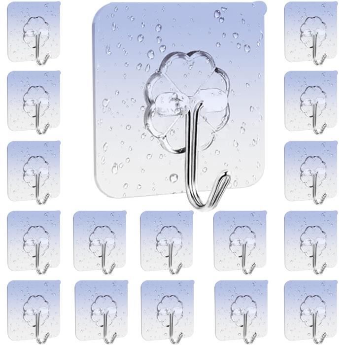 20 Crochets Adhésifs Transparents - PVC Et Acier Inox - Sans Perçage - Pour Mur Lisse Salle De Bain, Cuisine, Bureau - Portée Jusqu'à 1 Kg