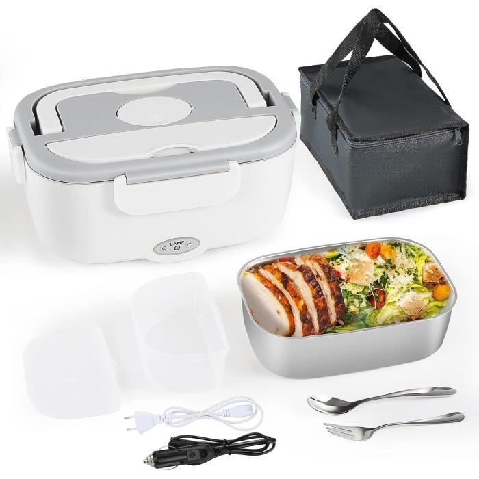Gamelle Chauffante électrique 1,5 L - 80W, Chauffe Rapide - 220V/12V/24V, Acier Inox - Pour Bureau, Voyage, Voiture
