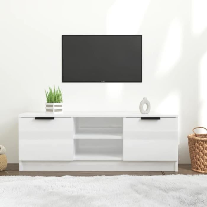 Dripex Meuble TV Bas Blanc Brillant 150 Cm - Éclairage LED, Rangement 2 Portes + Ouvert - Jusqu'à 65 Pouces