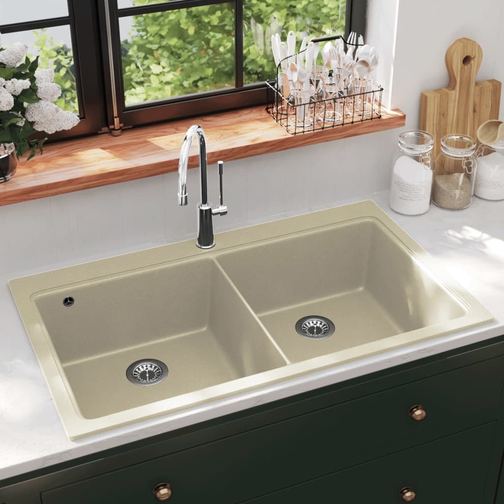 Évier de cuisine en granit double lavabo beige - VIDAXL - Sens de l’égouttoir à gauche - Rectangulaire - 2 bacs